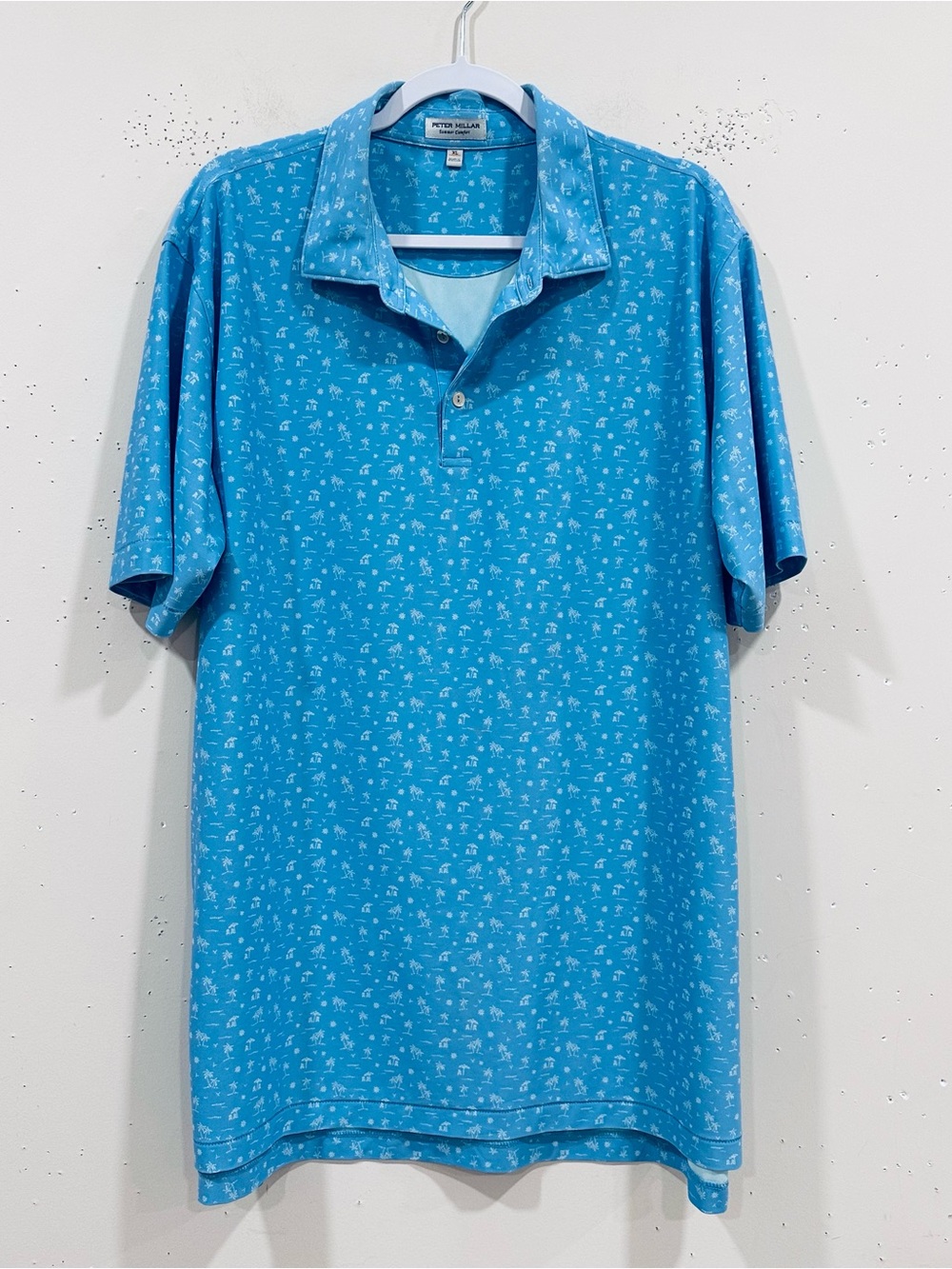 Peter Millar Summer Comfort Polo Shirt Mens XL Blue Palm Tree Beach Golf Polo